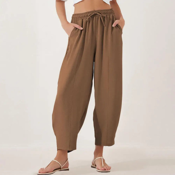 Buddha Stones Casual Plain Loose Drawstring Women’s Polyester 7/8 Length Pants With Pockets - Peru / US6，UK/AU10，EU38