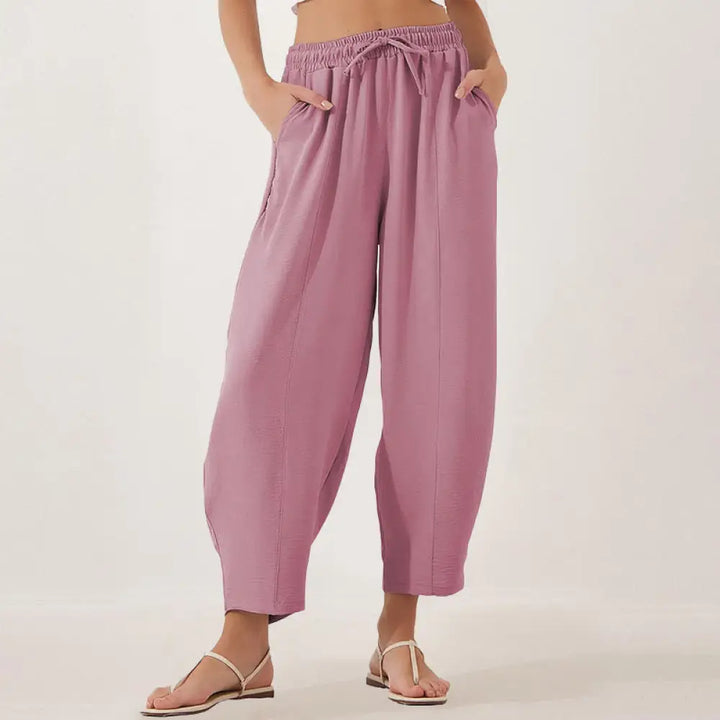 Buddha Stones Casual Plain Loose Drawstring Women’s Polyester 7/8 Length Pants With Pockets - Violet / US6，UK/AU10，EU38