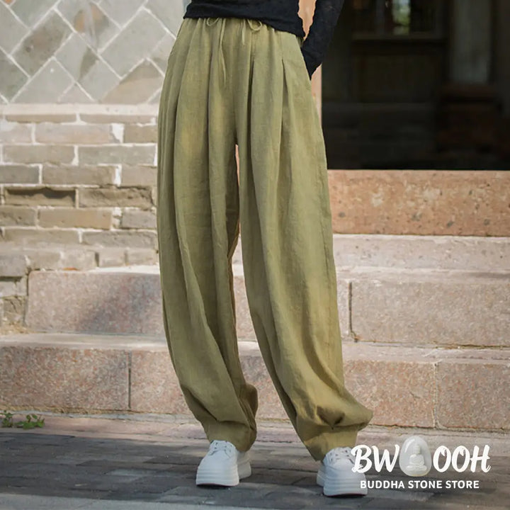 Buddha Stones Casual Plain Loose Waist Tie Rope Women’s Ramie Cotton Pants With Pockets - Women’s Pants