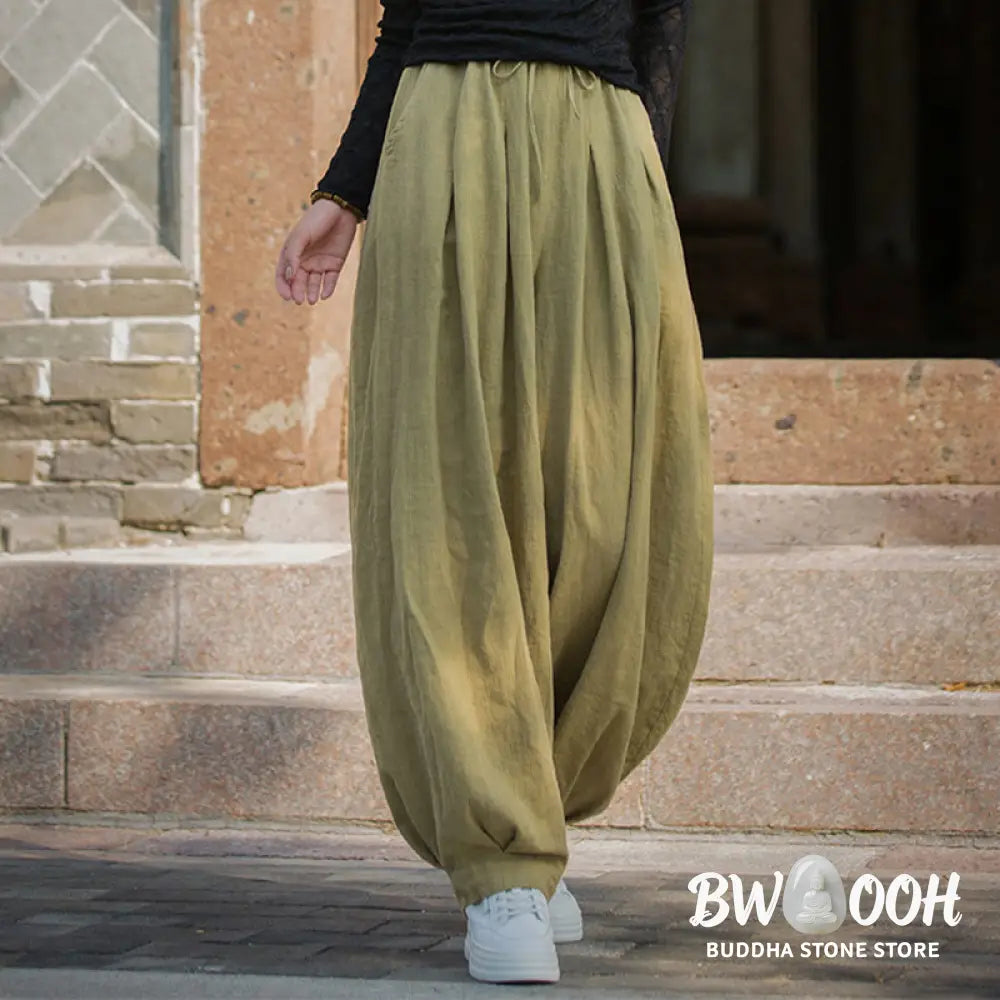 Buddha Stones Casual Plain Loose Waist Tie Rope Women’s Ramie Cotton Pants With Pockets - Women’s Pants