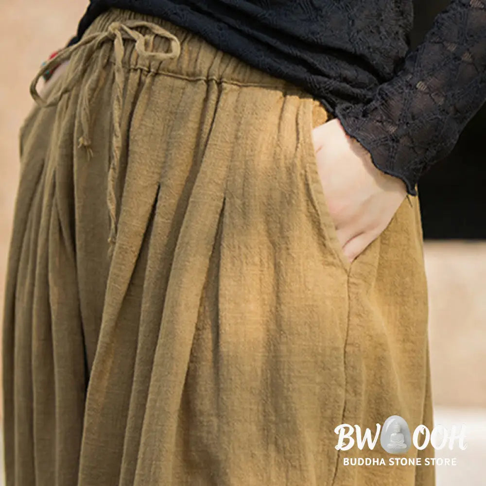 Buddha Stones Casual Plain Loose Waist Tie Rope Women’s Ramie Cotton Pants With Pockets - Women’s Pants