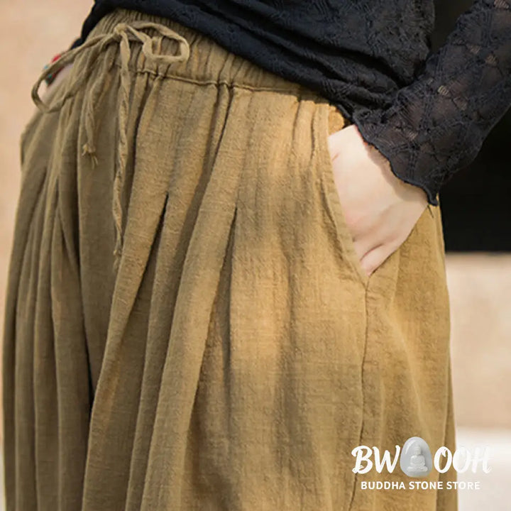 Buddha Stones Casual Plain Loose Waist Tie Rope Women’s Ramie Cotton Pants With Pockets - Women’s Pants