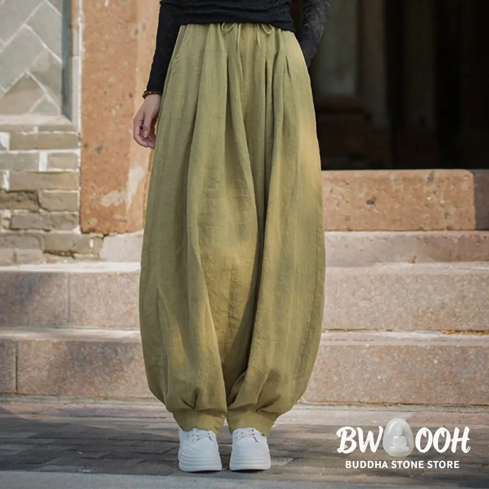 Buddha Stones Casual Plain Loose Waist Tie Rope Women’s Ramie Cotton Pants With Pockets - Women’s Pants