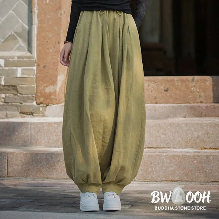 Buddha Stones Casual Plain Loose Waist Tie Rope Women’s Ramie Cotton Pants With Pockets - Women’s Pants