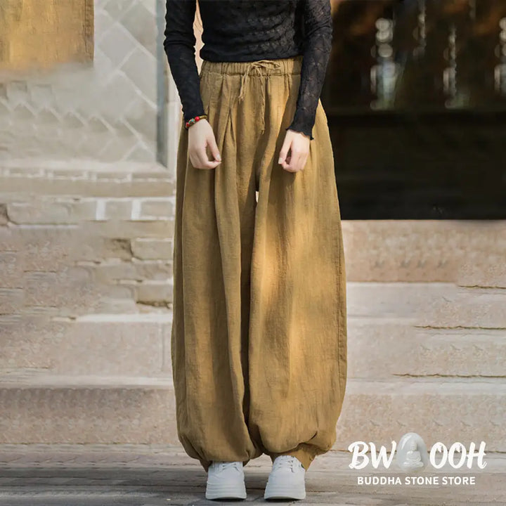 Buddha Stones Casual Plain Loose Waist Tie Rope Women’s Ramie Cotton Pants With Pockets - Women’s Pants