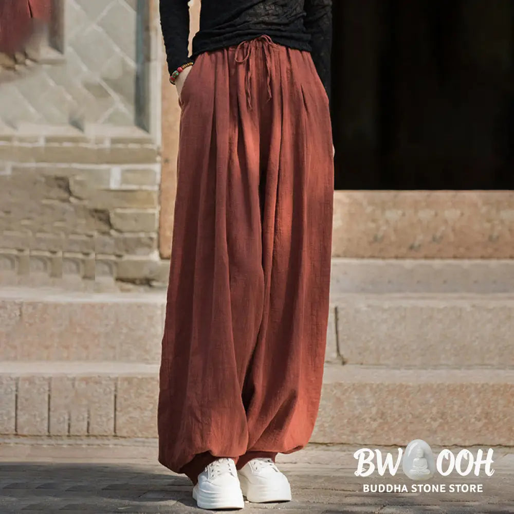Buddha Stones Casual Plain Loose Waist Tie Rope Women’s Ramie Cotton Pants With Pockets - Women’s Pants