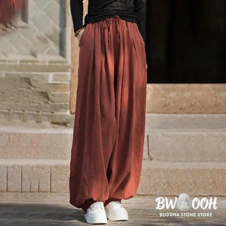 Buddha Stones Casual Plain Loose Waist Tie Rope Women’s Ramie Cotton Pants With Pockets - Women’s Pants