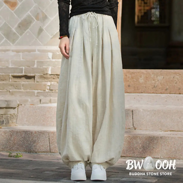 Buddha Stones Casual Plain Loose Waist Tie Rope Women’s Ramie Cotton Pants With Pockets - Women’s Pants
