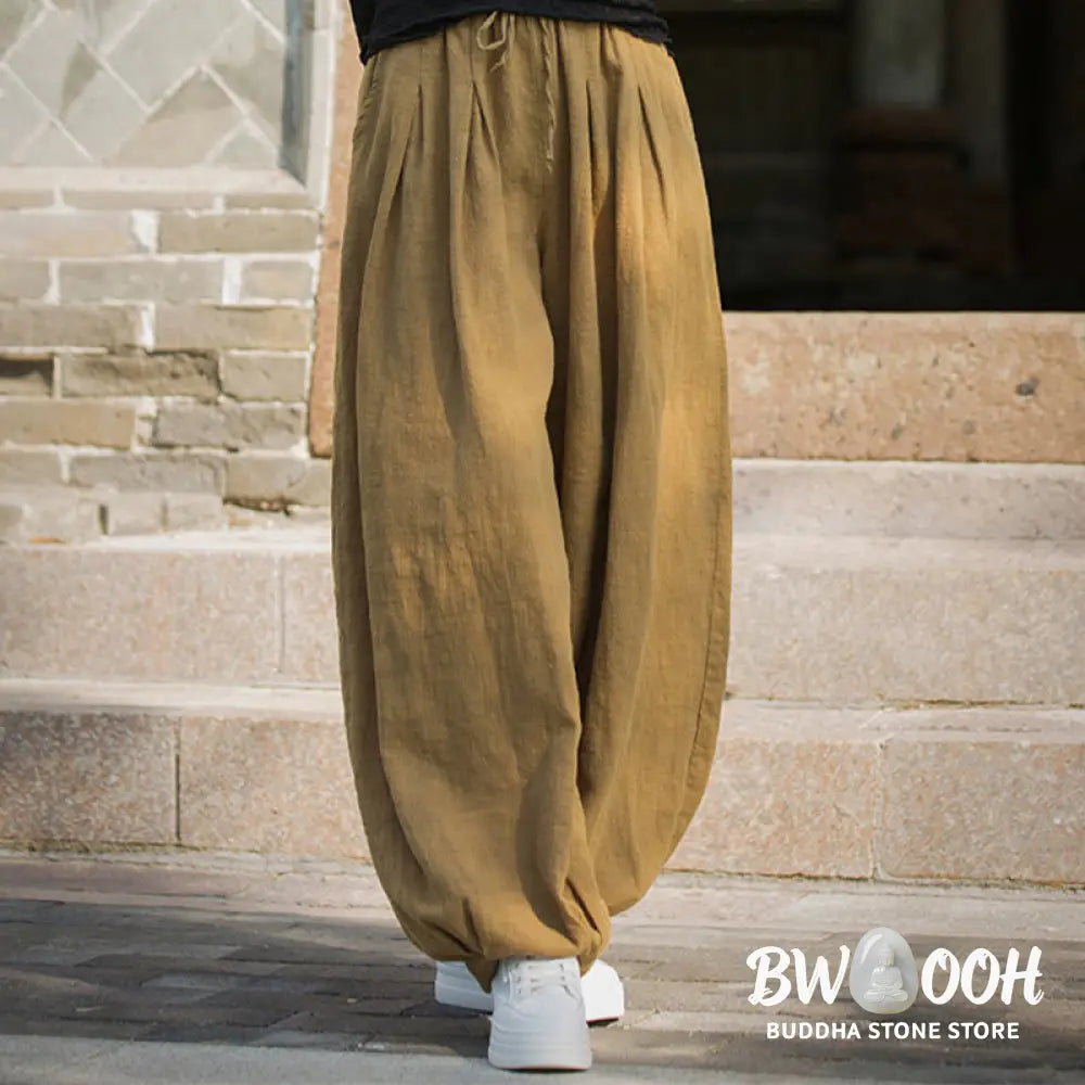 Buddha Stones Casual Plain Loose Waist Tie Rope Women’s Ramie Cotton Pants With Pockets - Women’s Pants