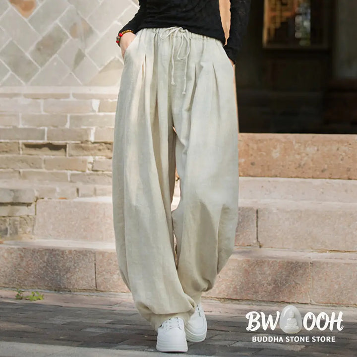 Buddha Stones Casual Plain Loose Waist Tie Rope Women’s Ramie Cotton Pants With Pockets - Women’s Pants