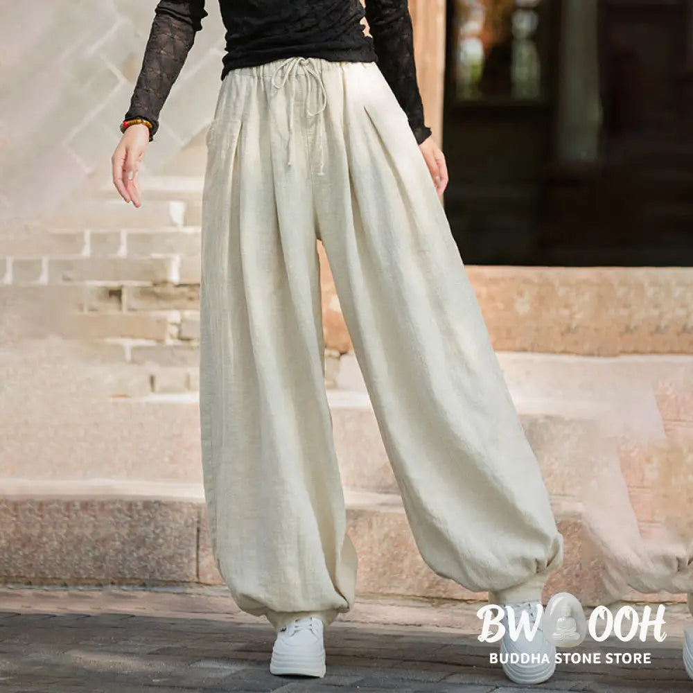 Buddha Stones Casual Plain Loose Waist Tie Rope Women’s Ramie Cotton Pants With Pockets - Women’s Pants
