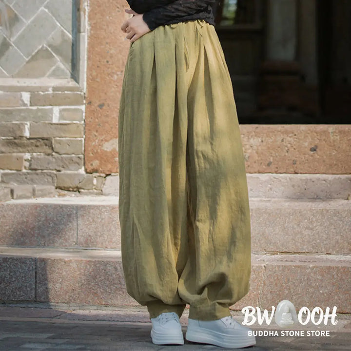Buddha Stones Casual Plain Loose Waist Tie Rope Women’s Ramie Cotton Pants With Pockets - Women’s Pants