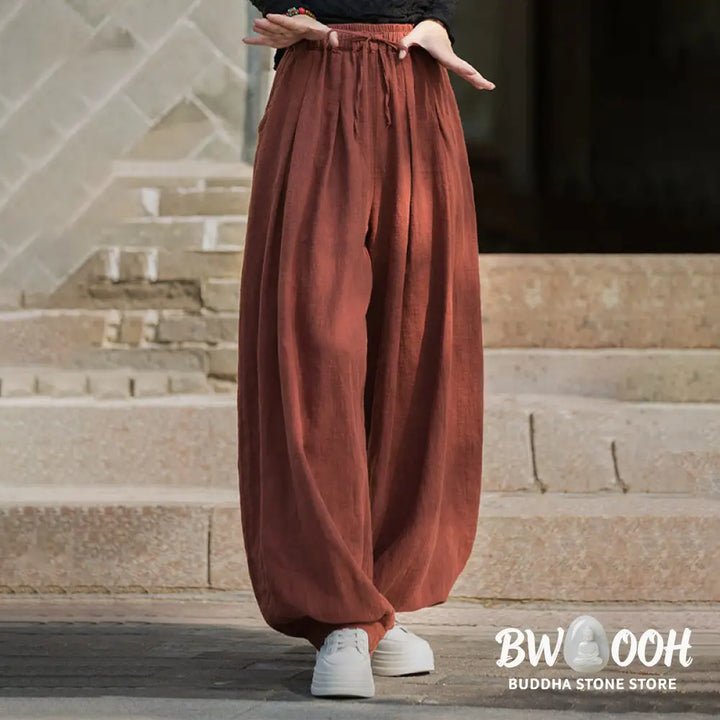 Buddha Stones Casual Plain Loose Waist Tie Rope Women’s Ramie Cotton Pants With Pockets - Women’s Pants