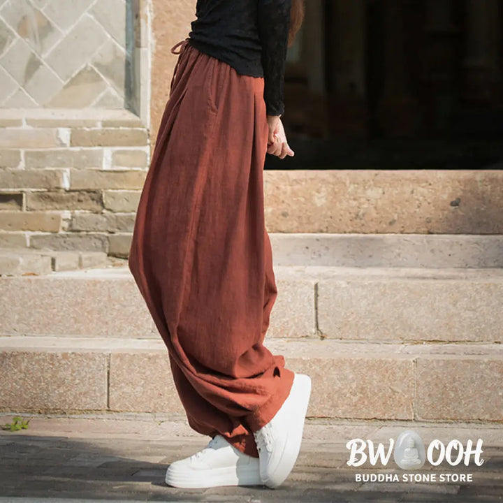 Buddha Stones Casual Plain Loose Waist Tie Rope Women’s Ramie Cotton Pants With Pockets - Women’s Pants