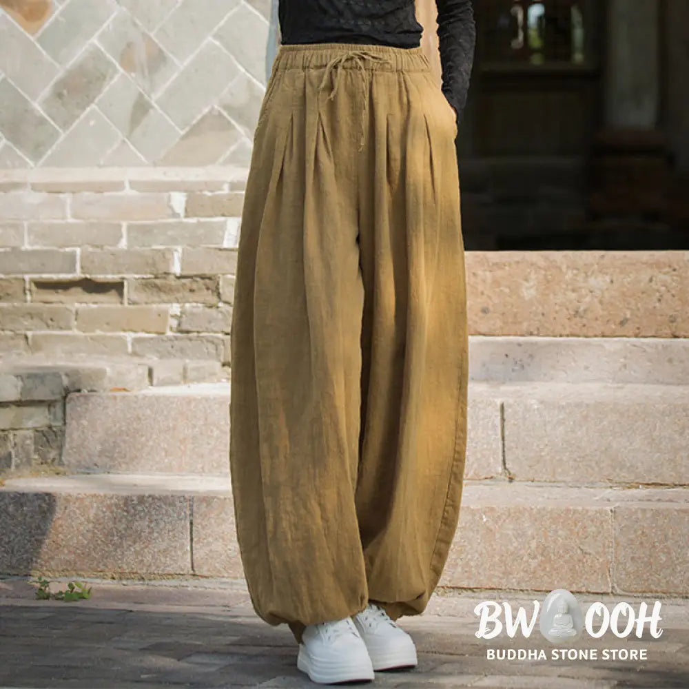 Buddha Stones Casual Plain Loose Waist Tie Rope Women’s Ramie Cotton Pants With Pockets - Women’s Pants