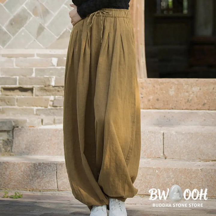 Buddha Stones Casual Plain Loose Waist Tie Rope Women’s Ramie Cotton Pants With Pockets - Women’s Pants