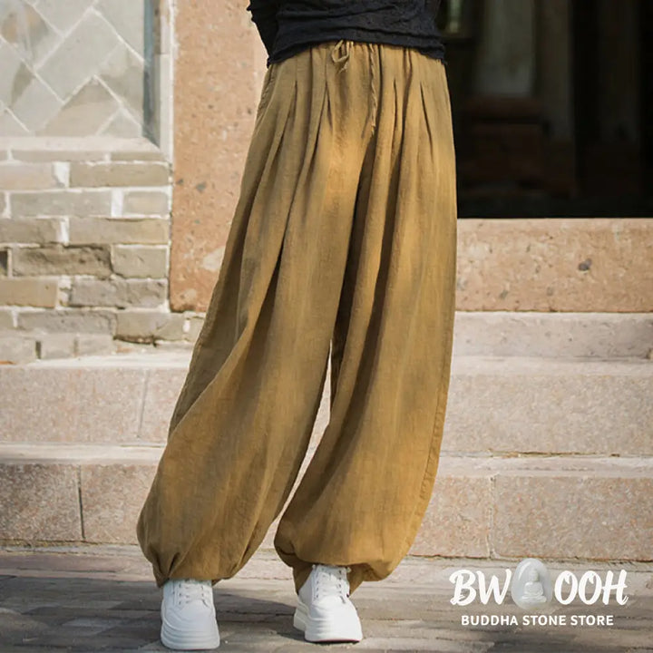 Buddha Stones Casual Plain Loose Waist Tie Rope Women’s Ramie Cotton Pants With Pockets - Women’s Pants