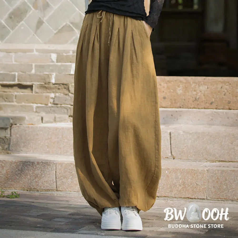 Buddha Stones Casual Plain Loose Waist Tie Rope Women’s Ramie Cotton Pants With Pockets - Women’s Pants