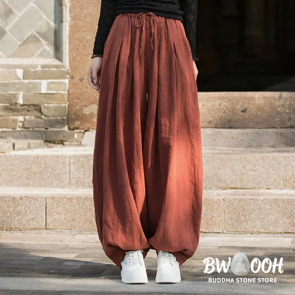 Buddha Stones Casual Plain Loose Waist Tie Rope Women’s Ramie Cotton Pants With Pockets - Women’s Pants