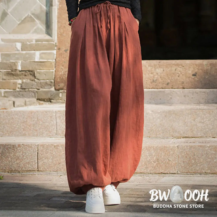 Buddha Stones Casual Plain Loose Waist Tie Rope Women’s Ramie Cotton Pants With Pockets - Women’s Pants