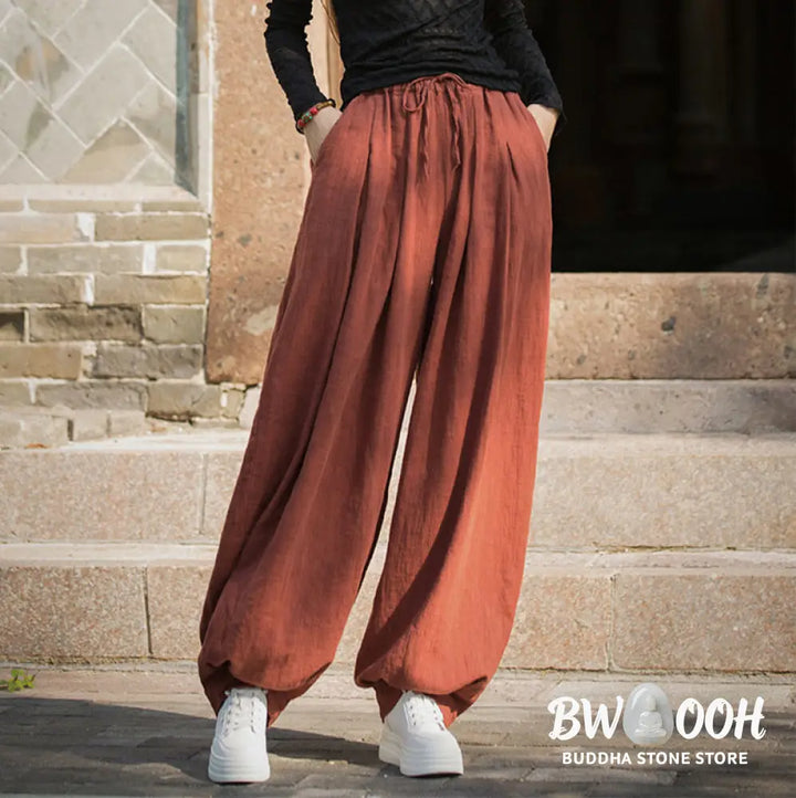 Buddha Stones Casual Plain Loose Waist Tie Rope Women’s Ramie Cotton Pants With Pockets - Women’s Pants