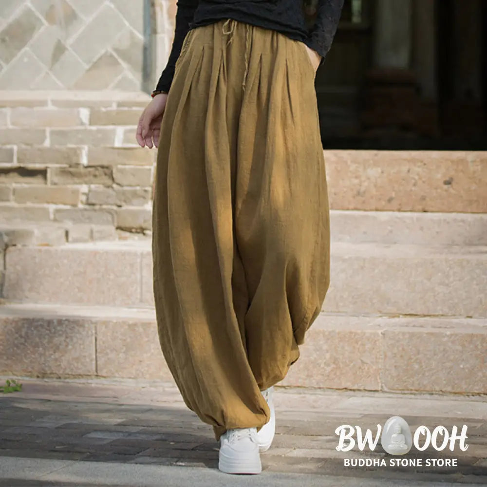 Buddha Stones Casual Plain Loose Waist Tie Rope Women’s Ramie Cotton Pants With Pockets - Women’s Pants