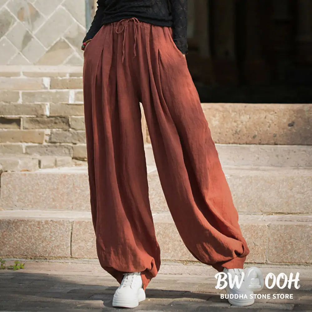Buddha Stones Casual Plain Loose Waist Tie Rope Women’s Ramie Cotton Pants With Pockets - Women’s Pants