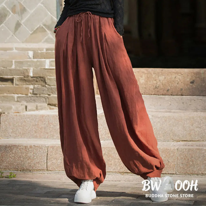 Buddha Stones Casual Plain Loose Waist Tie Rope Women’s Ramie Cotton Pants With Pockets - Women’s Pants