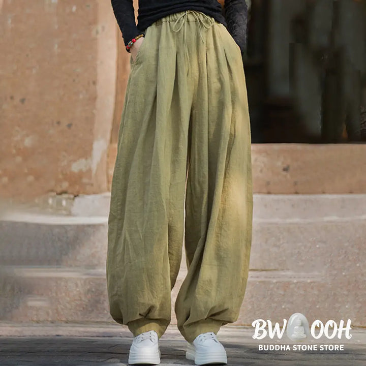 Buddha Stones Casual Plain Loose Waist Tie Rope Women’s Ramie Cotton Pants With Pockets - Women’s Pants