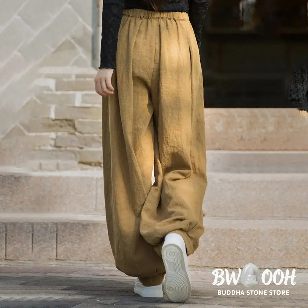 Buddha Stones Casual Plain Loose Waist Tie Rope Women’s Ramie Cotton Pants With Pockets - Women’s Pants