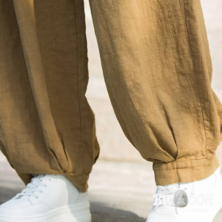 Buddha Stones Casual Plain Loose Waist Tie Rope Women’s Ramie Cotton Pants With Pockets - Women’s Pants