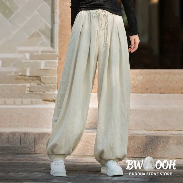 Buddha Stones Casual Plain Loose Waist Tie Rope Women’s Ramie Cotton Pants With Pockets - Women’s Pants