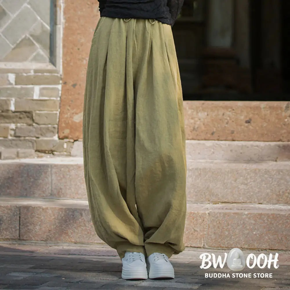 Buddha Stones Casual Plain Loose Waist Tie Rope Women’s Ramie Cotton Pants With Pockets - Women’s Pants