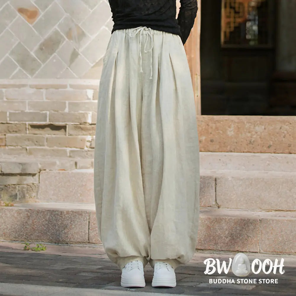 Buddha Stones Casual Plain Loose Waist Tie Rope Women’s Ramie Cotton Pants With Pockets - Women’s Pants