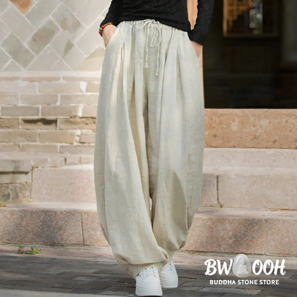 Buddha Stones Casual Plain Loose Waist Tie Rope Women’s Ramie Cotton Pants With Pockets - Women’s Pants