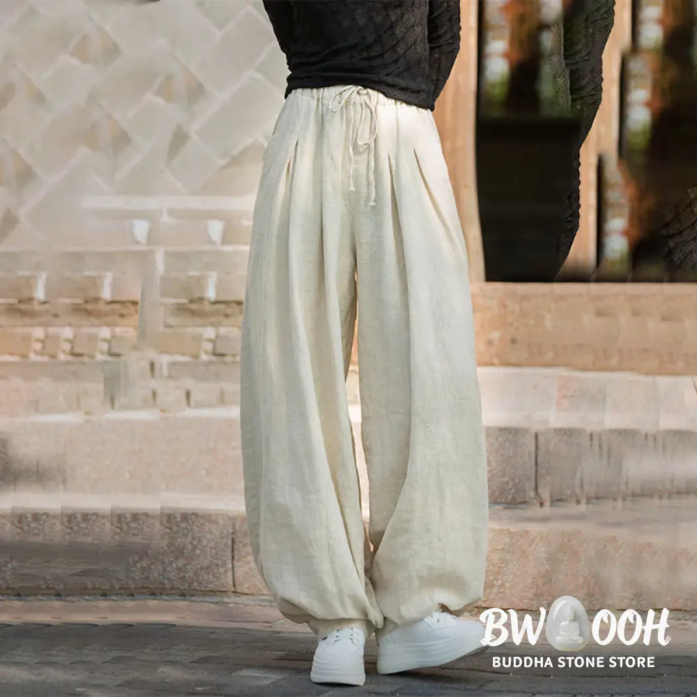 Buddha Stones Casual Plain Loose Waist Tie Rope Women’s Ramie Cotton Pants With Pockets - Women’s Pants