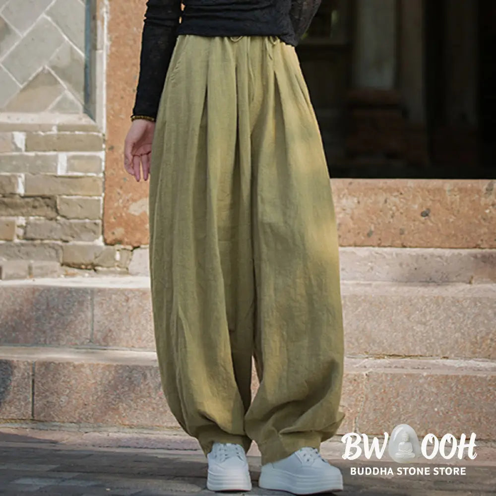 Buddha Stones Casual Plain Loose Waist Tie Rope Women’s Ramie Cotton Pants With Pockets - Women’s Pants