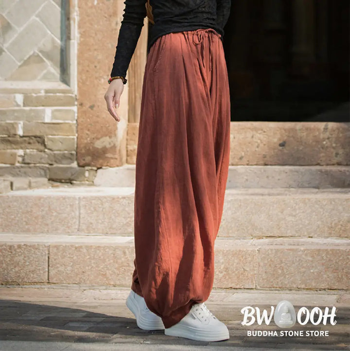 Buddha Stones Casual Plain Loose Waist Tie Rope Women’s Ramie Cotton Pants With Pockets - Women’s Pants
