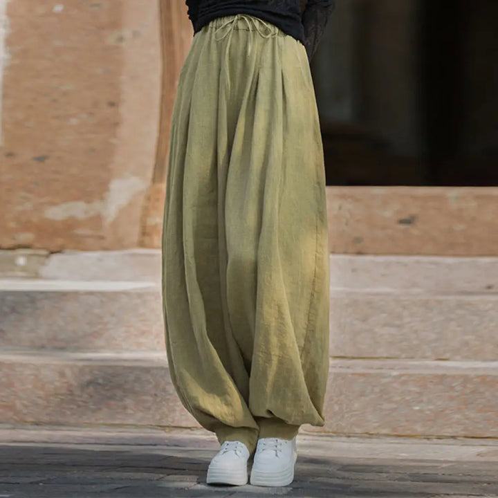 Buddha Stones Casual Plain Loose Waist Tie Rope Women’s Ramie Cotton Pants With Pockets - DarkKhaki