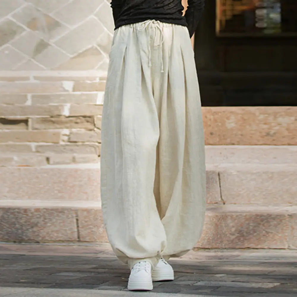 Buddha Stones Casual Plain Loose Waist Tie Rope Women’s Ramie Cotton Pants With Pockets - FloralWhite
