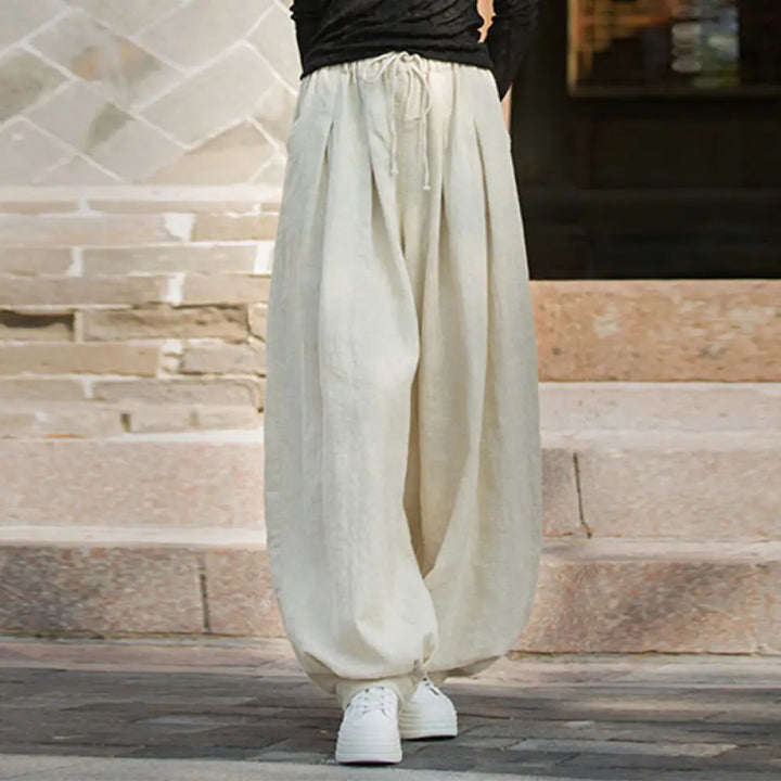 Buddha Stones Casual Plain Loose Waist Tie Rope Women’s Ramie Cotton Pants With Pockets - FloralWhite