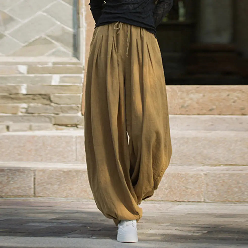Buddha Stones Casual Plain Loose Waist Tie Rope Women’s Ramie Cotton Pants With Pockets - Goldenrod