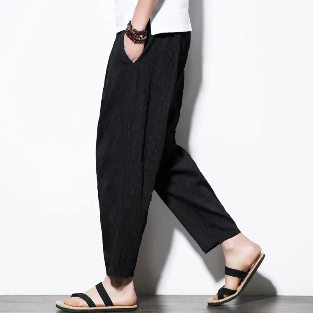 Buddha Stones Casual Plain Pleated Design Drawstring Men’s Long Cotton Linen Harem Pants With Pockets - Black