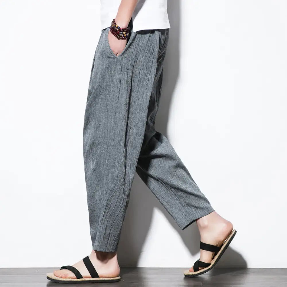 Buddha Stones Casual Plain Pleated Design Drawstring Men’s Long Cotton Linen Harem Pants With Pockets - LightSlateGray