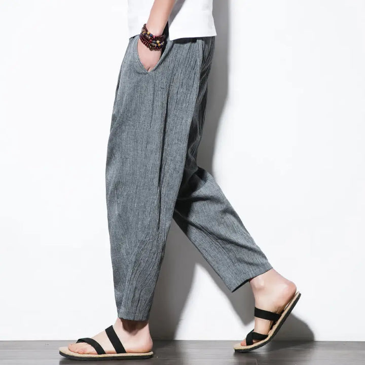 Buddha Stones Casual Plain Pleated Design Drawstring Men’s Long Cotton Linen Harem Pants With Pockets - LightSlateGray