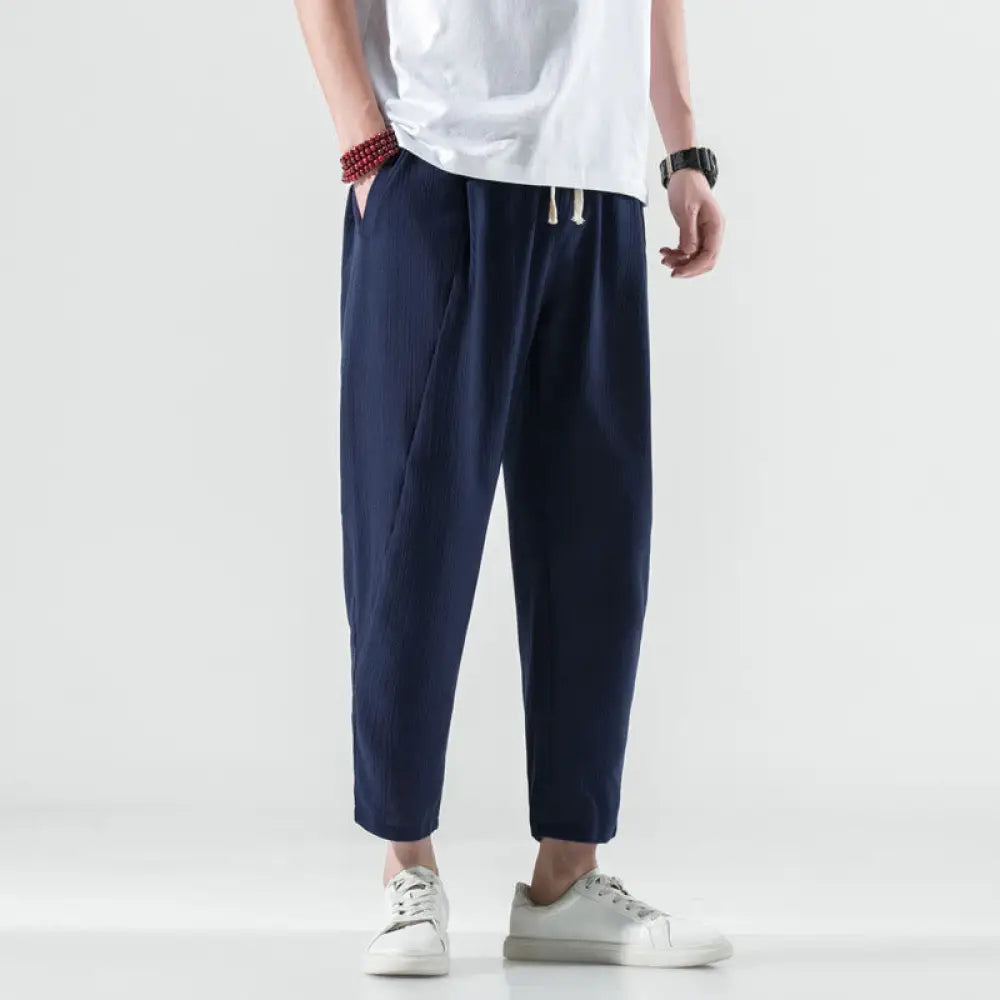 Buddha Stones Casual Plain Pleated Design Drawstring Men’s Long Cotton Linen Harem Pants With Pockets - MidnightBlue