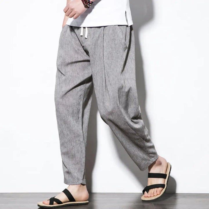 Buddha Stones Casual Plain Pleated Design Drawstring Men’s Long Cotton Linen Harem Pants With Pockets - Silver