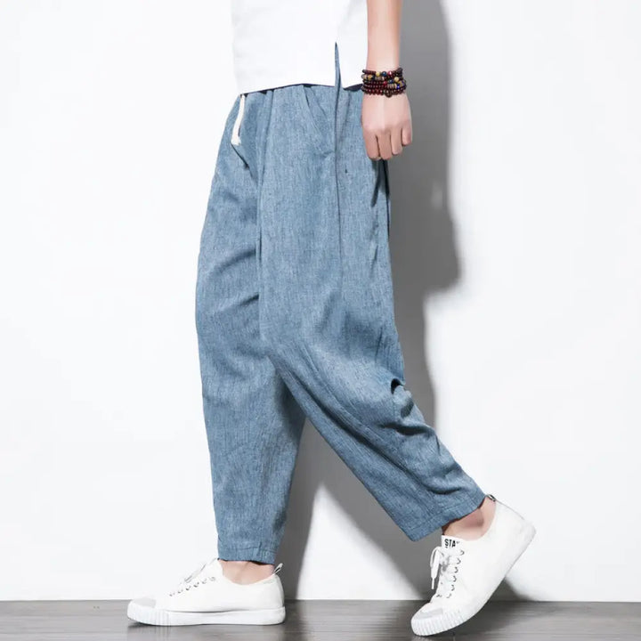 Buddha Stones Casual Plain Pleated Design Drawstring Men’s Long Cotton Linen Harem Pants With Pockets - SteelBlue