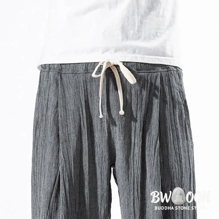 Buddha Stones Casual Plain Pleated Design Drawstring Men’s Long Cotton Linen Harem Pants With Pockets - Men’s Tapered
