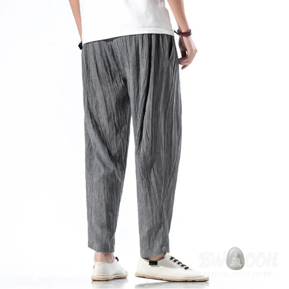 Buddha Stones Casual Plain Pleated Design Drawstring Men’s Long Cotton Linen Harem Pants With Pockets - Men’s Tapered